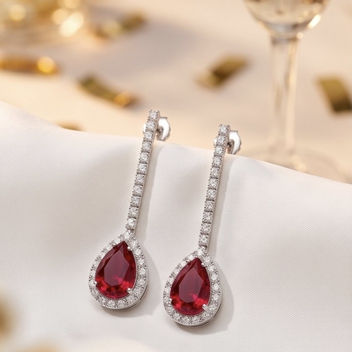 Giovanna - Magnificent Jewel 4.5 carat Ruby .925 Sterling Silver handcrafted incredible earrings - Ruby earrings on fabric, front view showing stones and diamonds.