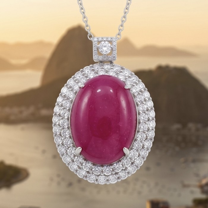 Giovanna 23.2 carat authentic cabochon Mozambique Ruby .925 Sterling Silver handmade Pendant - Close-up of 23.2 carat Mozambique Ruby pendant with diamond accents.