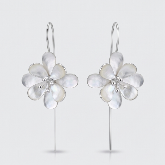 Silver Flowers Italy made .925 Sterling Silver Earrings - Front view of silver flower .925 sterling silver earrings.