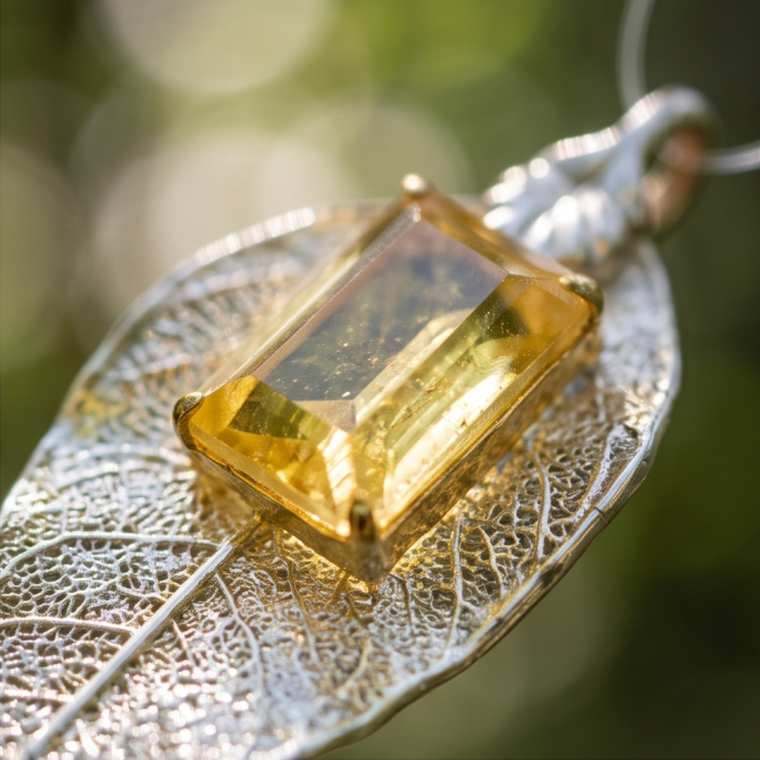 Stylish REAL Leaf dipped in Gold 11.5 carat Garnet .925 Sterling Silver Pendant - Close-up of gold-dipped leaf pendant with yellow garnet stone.