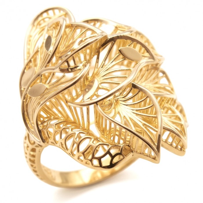 Dubai Style - .925 Sterling Silver dipped in 22K Gold handmade Large ring size 8 - Intricate gold ring, front view, featuring leaf and floral patterns.