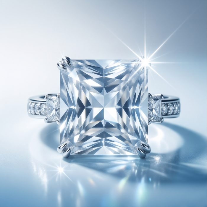 Vivien Luxurious Style - Natural ASSCHER CUT 15.2 carat yellow Sapphire .925 Sterling Silver dipped in Rhodium handmade ring size 8 - Close-up of Asscher cut diamond ring with side stones, Vivien Luxurious Style.