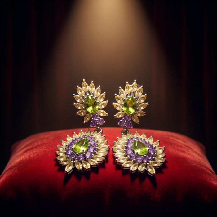 Isabel Authentic 25.2 carat Peridot from Arizona .925 Sterling Silver handmade earrings - Earrings on red cushion, featuring 25.2 carat peridot and gems.