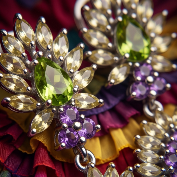 Isabel Authentic 25.2 carat Peridot from Arizona .925 Sterling Silver handmade earrings - Close-up of Isabel Authentic Peridot earrings with purple accents.