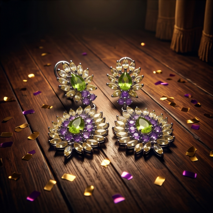 Isabel Authentic 25.2 carat Peridot from Arizona .925 Sterling Silver handmade earrings - Peridot earrings on wood with confetti, close-up angle.