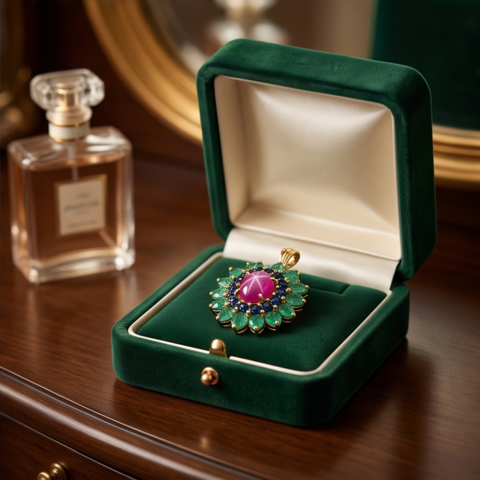 Carmen - authentic 22.5 carat Star Ruby 18K Gold over .925 Sterling Silver handcrafted Pendant - Star ruby pendant in green velvet box, with perfume bottle nearby.