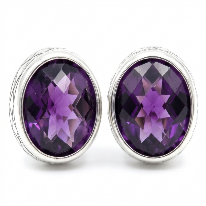 Deep Purple Genuine 6.8 carat Brazilian Amethyst rhodium over .925 Sterling Silver handcrafted earrings - Close-up of deep purple Brazilian amethyst earrings in rhodium setting.