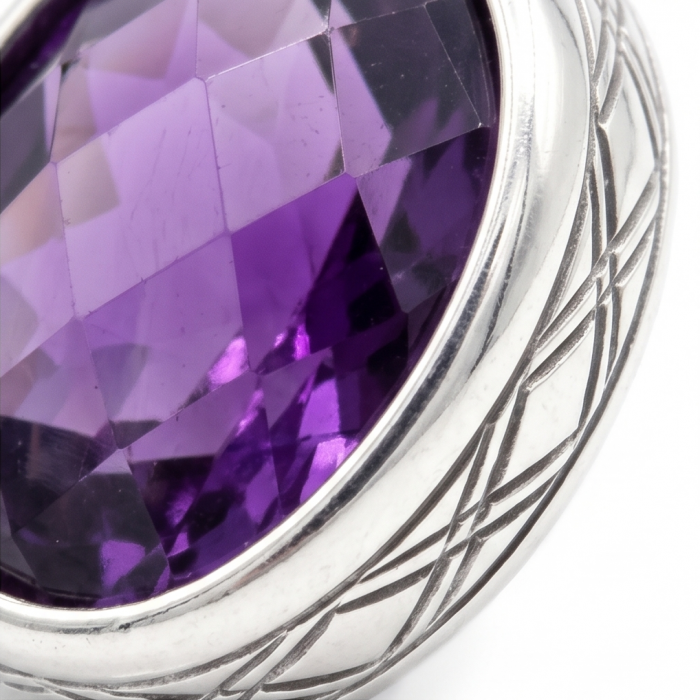 Deep Purple Genuine 6.8 carat Brazilian Amethyst rhodium over .925 Sterling Silver handcrafted earrings - Close-up of deep purple Brazilian amethyst in rhodium setting.