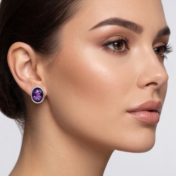 Deep Purple Genuine 6.8 carat Brazilian Amethyst rhodium over .925 Sterling Silver handcrafted earrings - Side view of woman wearing deep purple amethyst earrings.