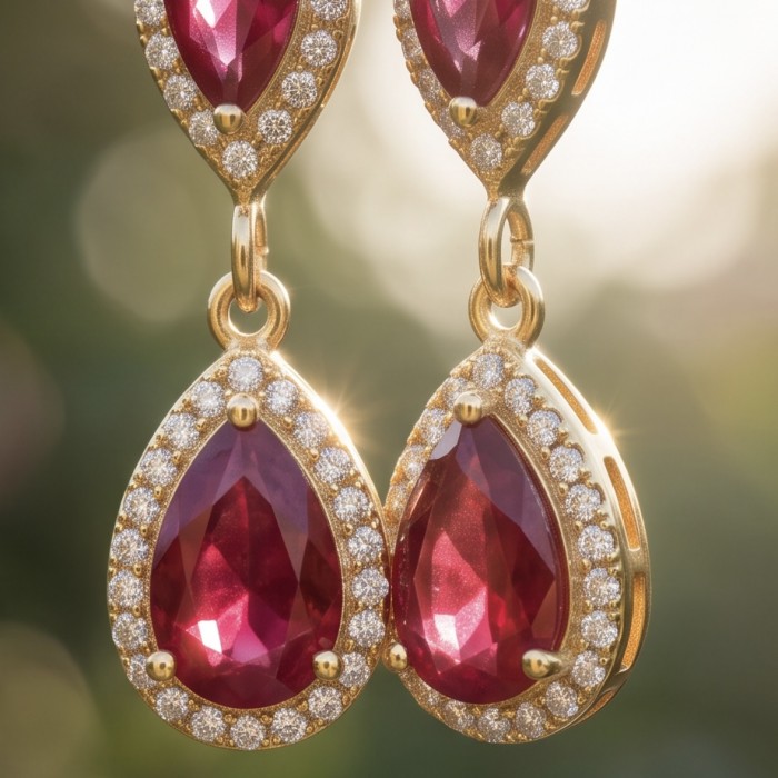 Giovanna - Magnificent Jewel 4.8 carat Mozambique Ruby 22K Gold over .925 Sterling Silver handcrafted incredible earrings - Close-up of gold earrings with Mozambique rubies and diamonds.