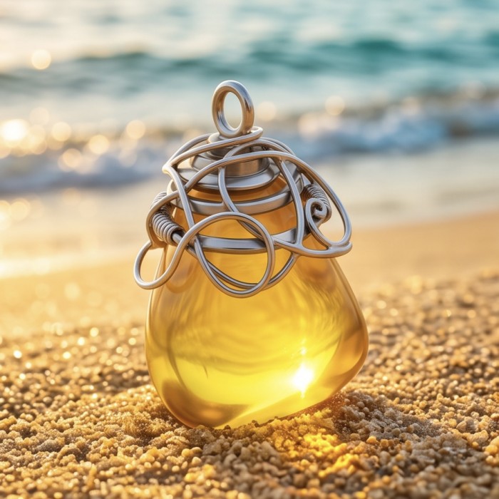 Prehistoric Authentic Butterscotch Baltic Amber .925 Sterling Silver beautifully handcrafted Pendant - Baltic amber pendant with silver wire detail on sandy beach