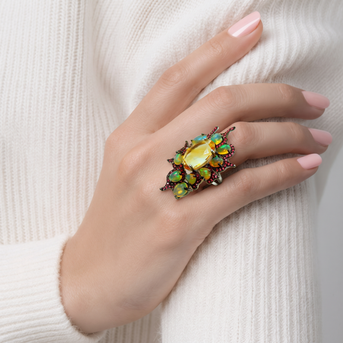 Giovanna 9.2 carat Brazilian Citrine 5.2 carat Australian Fire Opal .925 Sterling Silver dipped in rhodium handcrafted ring; s. 7 1/4 - Citrine and opal ring worn on hand, close-up view