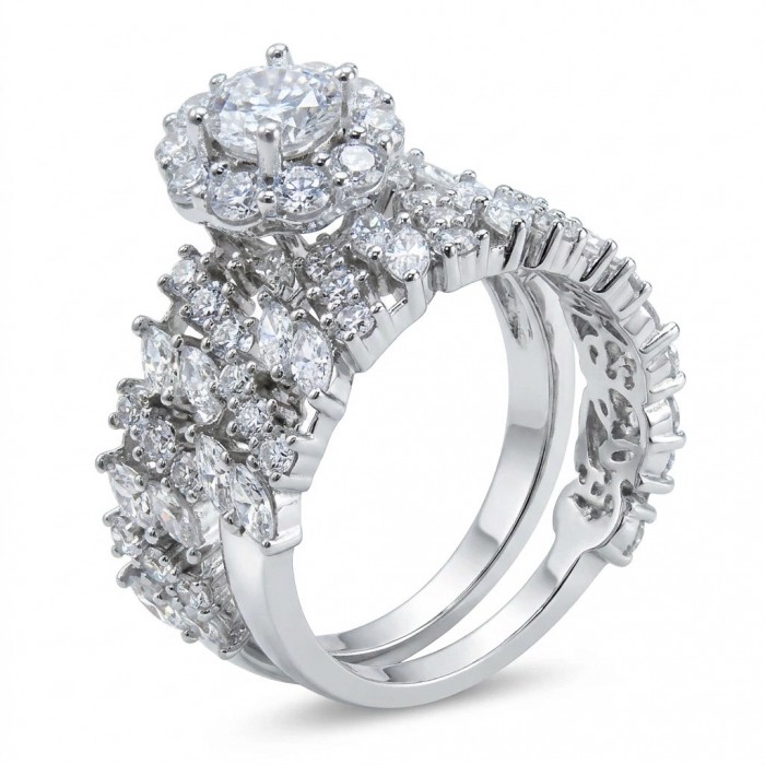 Pure Love Spectacular 7.9 carat White Topaz .925 Sterling Silver stacking ring size 8 - Side view of Pure Love 7.9 carat white topaz sterling silver ring set