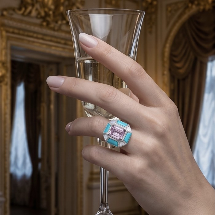 Emily - Art Deco -Precious genuine 10.2 carat Kunzite inlay Turquoise .925 Sterling Silver handcrafte Cocktail Ring s. 6 1/4 - Hand wearing ring with Kunzite and turquoise, holding a champagne flute