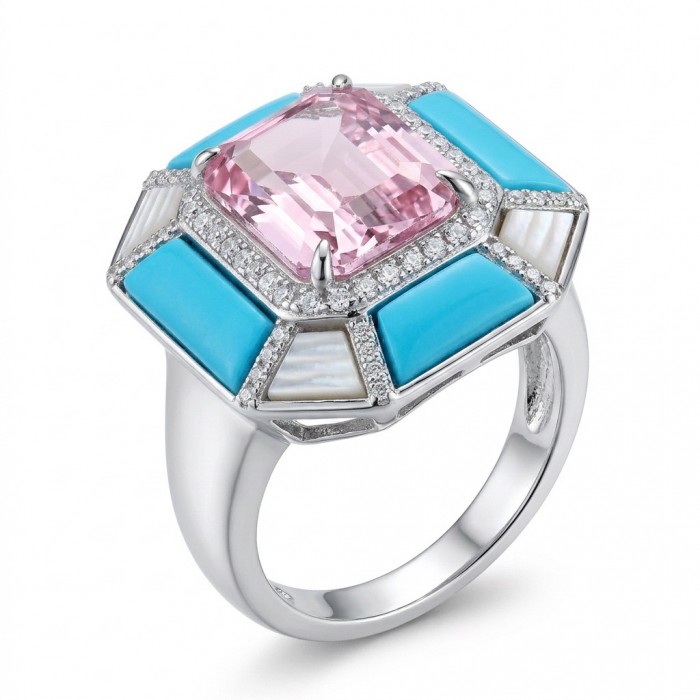 Emily - Art Deco -Precious genuine 10.2 carat Kunzite inlay Turquoise .925 Sterling Silver handcrafte Cocktail Ring s. 6 1/4 - Art deco ring with pink kunzite, turquoise, and diamonds, angled view.