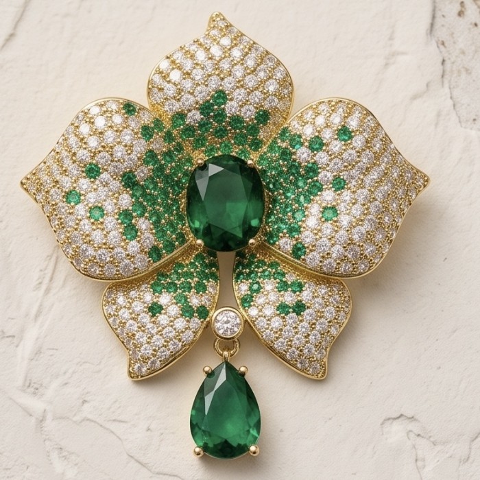 Heirloom Genuine 18.5 carat Colombian Emerald .925 Sterling Silver handmade Brooch - Emerald flower brooch with diamonds, front view, 18.5 carat Colombian emerald