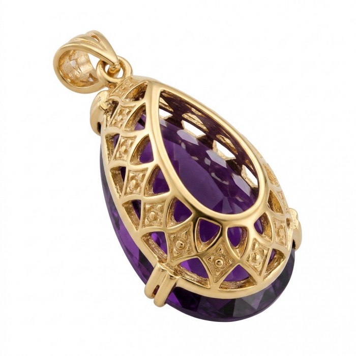 Mademoiselle - 18.5 carat natural Amethyst .925 Sterling Silver dipped in 22K White Gold handcrafted Pendant - Side view of Mademoiselle pendant with amethyst and gold details.