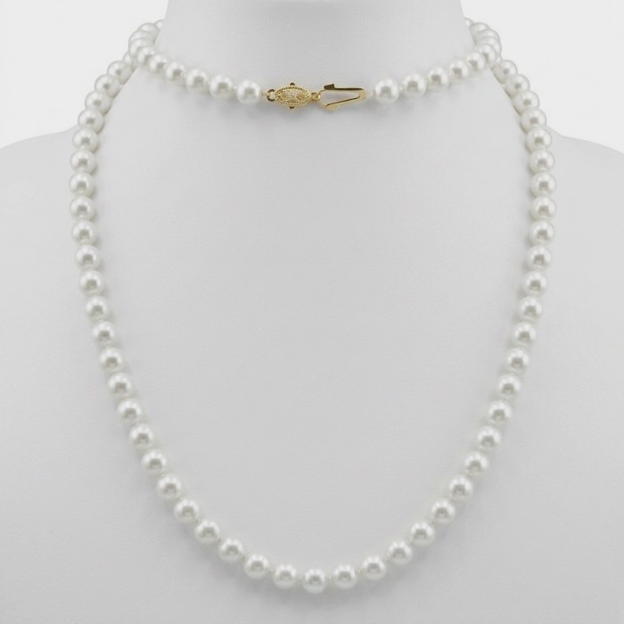 Top quality Natural fresh water pearl 10K Gold over .925 Sterling Silver handcrafted necklace - Freshwater pearl necklace with gold clasp, front view on display bust.