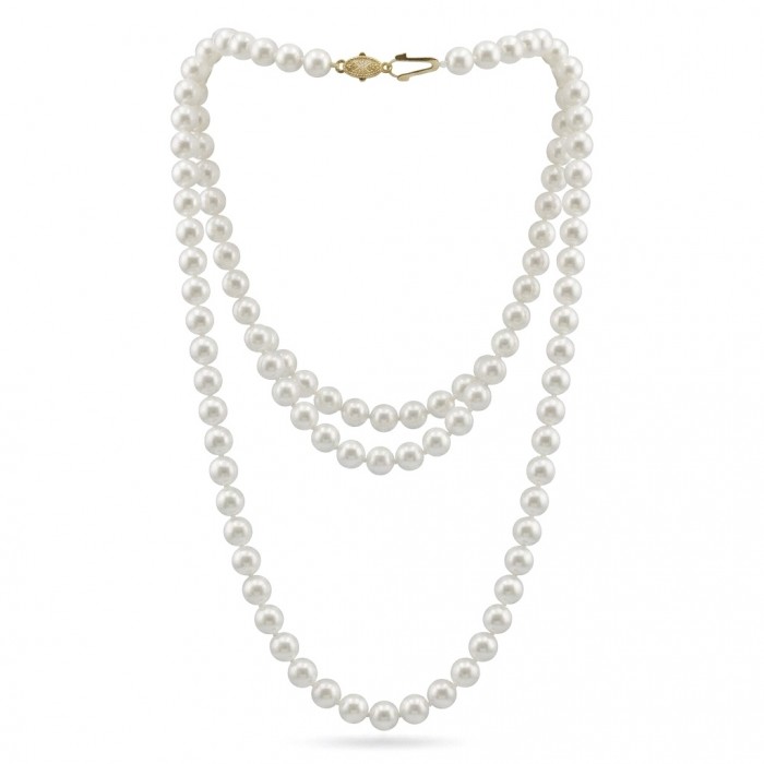 Top quality Natural fresh water pearl 10K Gold over .925 Sterling Silver handcrafted necklace - Pearl necklace with gold clasp, full view on white background.