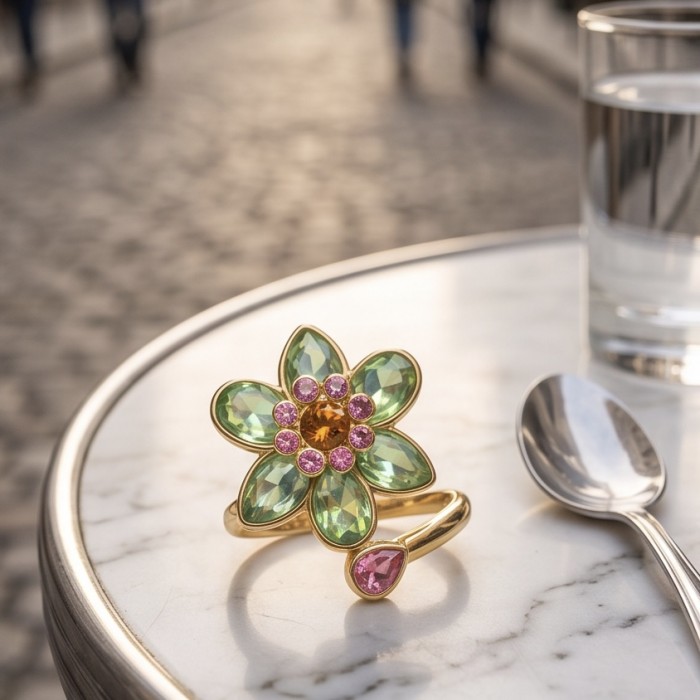 Summer flower 6.5 carat genuine Green Topaz 14K Gold over .925 Sterling Silver handmade Statement Ring size 8 1/4 - Green Topaz flower ring on table, side view with glass and spoon nearby.