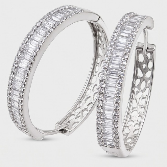 Allure Natural 8.2 carat White Topaz .925 Sterling Silver handcrafted hoop earrings - Side view of Allure White Topaz hoops in .925 sterling silver.