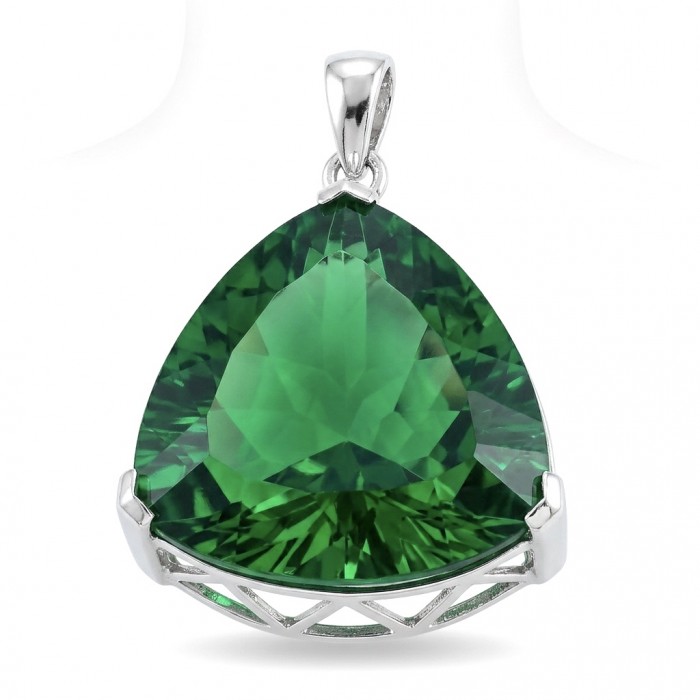 Trillion Cut Perfect 29.5 carat Volcanic Helenite .925 Sterling Silver handcrafted Pendant - Trillion cut green stone pendant, front view, silver setting.