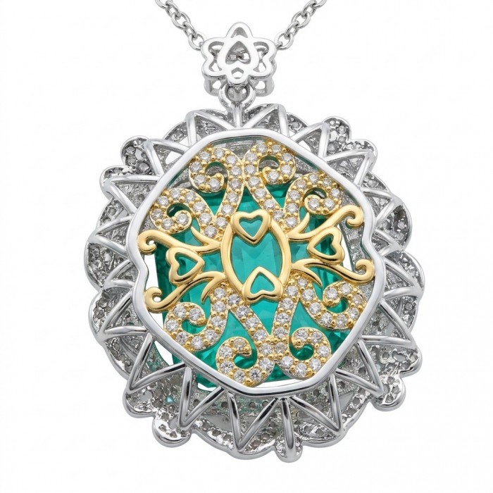 Brazilian's Briliance - emerald cut 33.7 carat Paraiba Tourmaline .925 Sterling Silver handcrafted necklace - Front view of intricate emerald cut Paraiba Tourmaline pendant.
