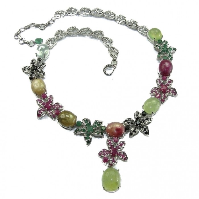 Isabella - Beauty of Nature natural 155.5 carat Ruby Green Tourmaline Rhodium over .925 Sterling Silver handmade Statement necklace - Necklace showcasing Isabella - Beauty of Nature, top view.