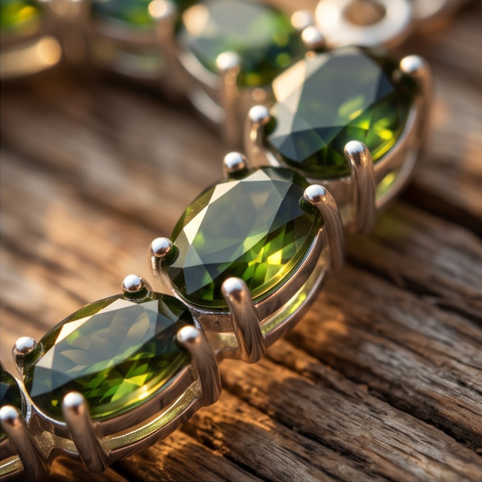 Authentic 22.9 carat CHROME DIOPSIDE from Siberia .925 Sterling Silver handmade Large Statement earrings - Close-up of chrome diopside stones in .925 silver setting