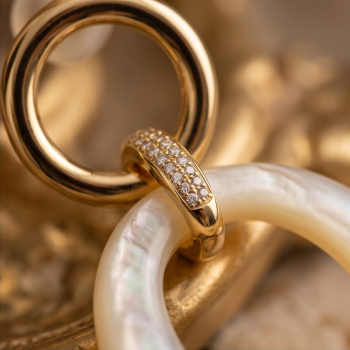 Genuine Blister Pearl 18K Gold over .925 Sterling Silver handcrafted Large Statement Earrings - Close-up of blister pearl and gold ring detail with diamonds