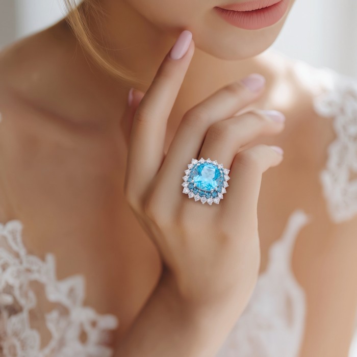 Aqua 8.5 carat Swiss Blue Topaz 22K Gold over .925 Sterling Silver dipped in rhodium handcrafted ring size 5 - Stone close-up worn on hand: Aqua 8.5 ct Blue Topaz 22K Gold over Sterling