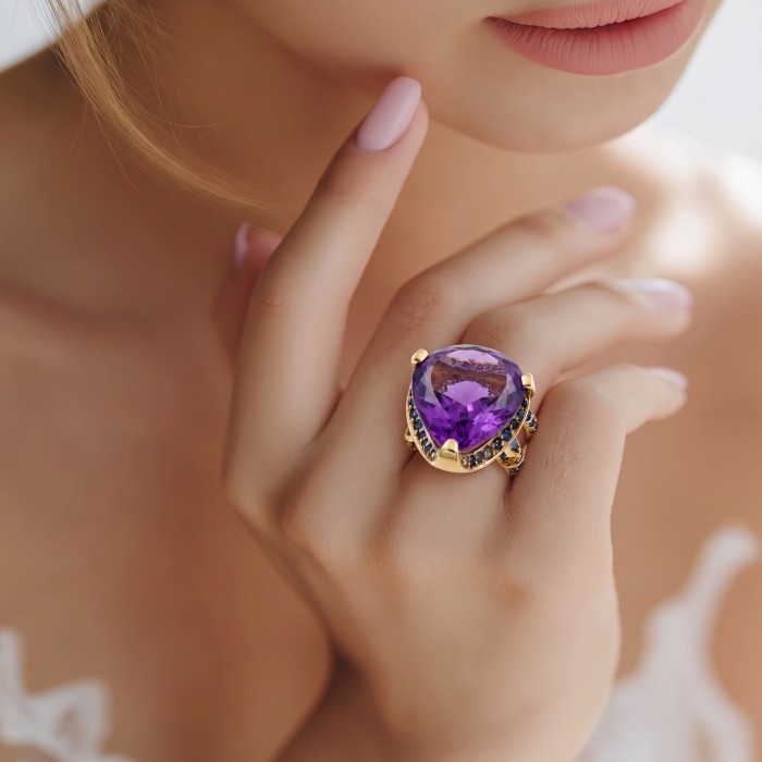 Giuseppina - Authentic 25.5 carat Amethyst Sapphire 22k Gold over .925 Sterling Silver handcrafted Statement Ring size 6 - Amethyst ring on hand, close-up view, 22k gold setting with sapphires.