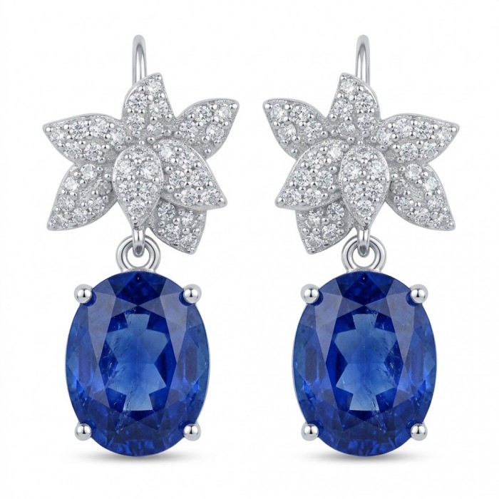 Best quality 5.5 carat African Kyanite .925 Sterling Silver dipped in rhodium handcrafted earrings - Front view of sterling silver earrings with blue kyanite stones