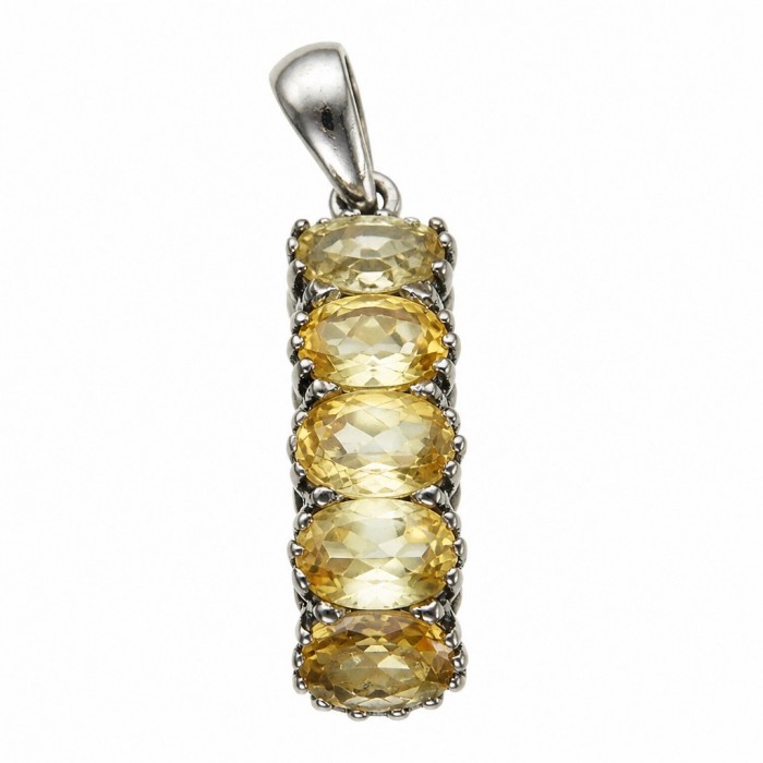 Victoria Authentic 9.4 carat Brazilian Citrine .925 Sterling Silver dipped in black rhodium brilliantly handcrafted Pendant - Front view of citrine pendant with four oval stones in sterling silver.