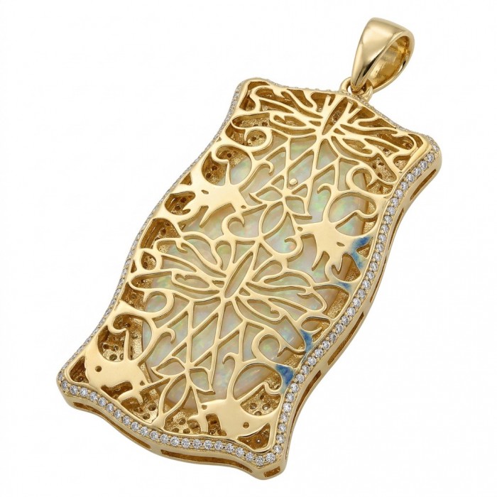 Precious Blister Pearl 2.4 carat Emerald 18K Gold over .925 Sterling Silver .925 Sterling Silver Necklace; 24 inches long - Gold pendant with intricate design, side view featuring pearl and emerald.