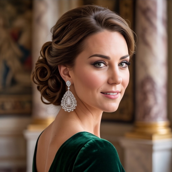 The Renaissance Natural 3.5 carat White Topaz .925 Sterling Silver handcrafted earrings - Woman wearing ornate white topaz earrings, side profile view