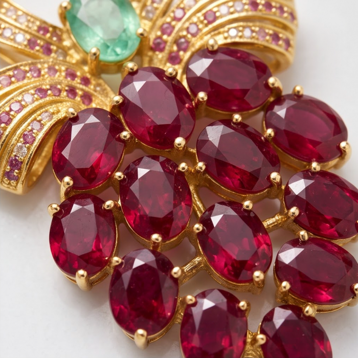 Juicy Strawberry 32.2 carat Natural Kasmir Ruby 21.5 carat Colombian Emerald .925 Sterling Silver dipped in 22K Gold handcrafted Statement necklace - Close-up of Juicy Strawberry jewelry with rubies and emerald