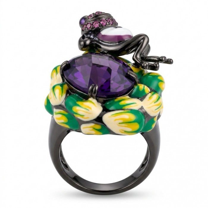 Lucky Frog 18 carat Amethyst Enamel black rhodium over .925 Sterling Silver HUGE Ring s. 8 3/4 - Side view of Lucky Frog ring with amethyst and enamel details.