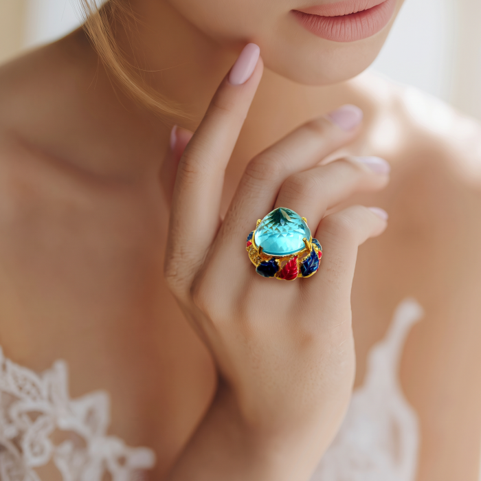 Pacifica - Authentic Fancy Rose cut 27.5 carat Swiss Blue Topaz Enamel 22K Gold over .925 Sterling Silver handcrafted Large Statement ring size 7 - Worn on hand: Pacifica 27.5 carat Swiss Blue stone with colorful accents.