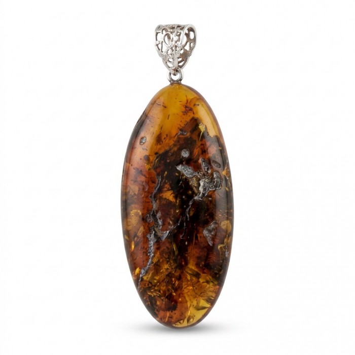 Prehistoric Authentic Golden Baltic Amber .925 Sterling Silver beautifully handcrafted Pendant - Front view of oval Baltic amber pendant with ornate silver bail.