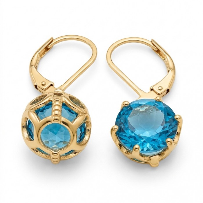 Blue Magic 8.5 carat London Blue Topaz 22K Gold over .925 Sterling Silver handmade Statement earrings - Earrings top view: London Blue Topaz in 22K Gold over .925 Silver