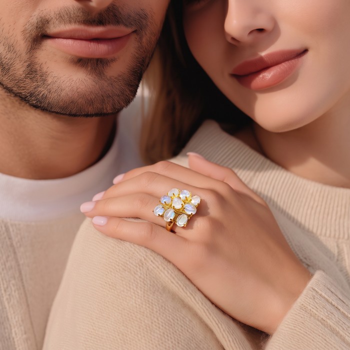 Scarlett 15.5 carat Brazilian Rose Quartz 22K Gold over .925 Sterling Silver handcrafted Statemen Ring size 8 - Close-up of Scarlett 22K gold ring with rose quartz, worn on hand.