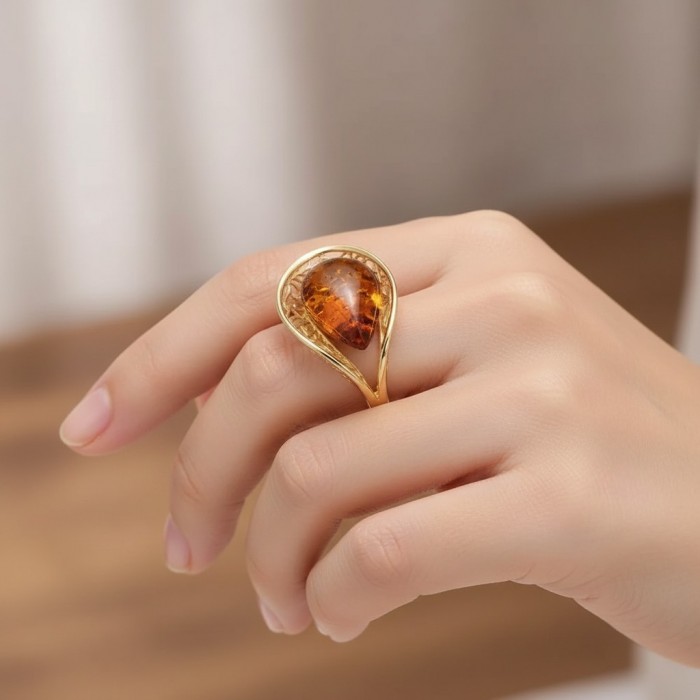 Authentic Baltic Amber 14K Gold over .925 Sterling Silver handcrafted ring; s. 7 adjustable - Amber teardrop ring in 14K gold over silver, worn on hand.