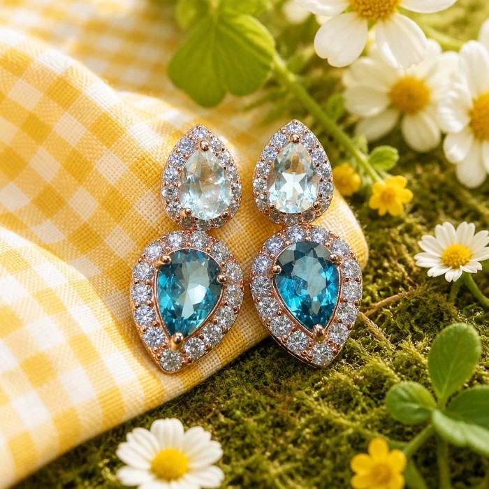 Ocean's Tears 4.5 carat London Blue Topaz 18K Gold over .925 Sterling Silver handcrafted earrings - Close-up of Ocean's Tears earrings on moss with daisies and yellow cloth.