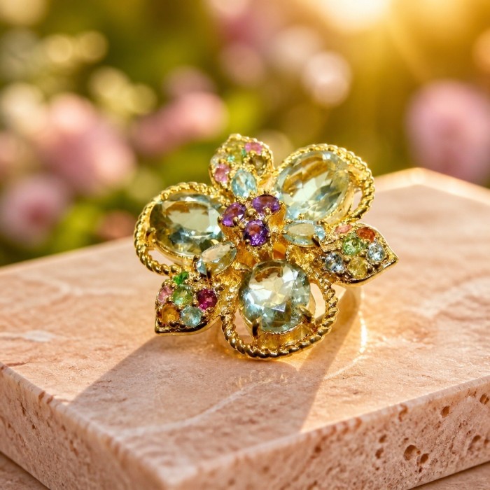 Enchanted Flower 28.5 carat Aquamarine .925 Sterling Silver dipped in Real 22K Gold Oversized Ring size 8 - Enchanted Flower ring, aquamarine and gems, close-up on marble surface.