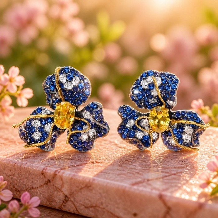 Exotica - real art - authentic 4.9 carat yellow Sapphire 9.2 carat pave Colombian Sapphire 2 tones .925 Sterling Silver dipped in black rhodium handcrafted earrings - Close-up of floral earrings with yellow sapphires and blue gemstones.