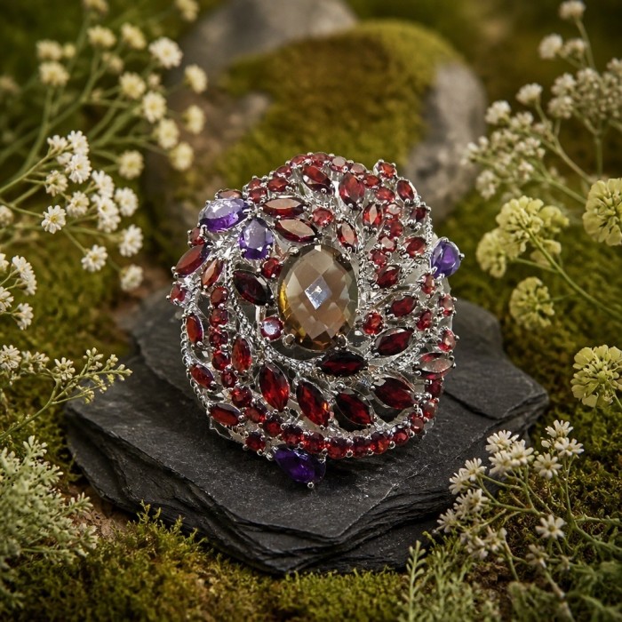 Mademoiselle - Vintage Design 32.4 CARAT Smoky Topaz Brazilian Granet rhodium over .925 Sterling Silver handcrafted Pendant & Brooch - Close-up of vintage design ring, smoky topaz center, on natural backdrop.
