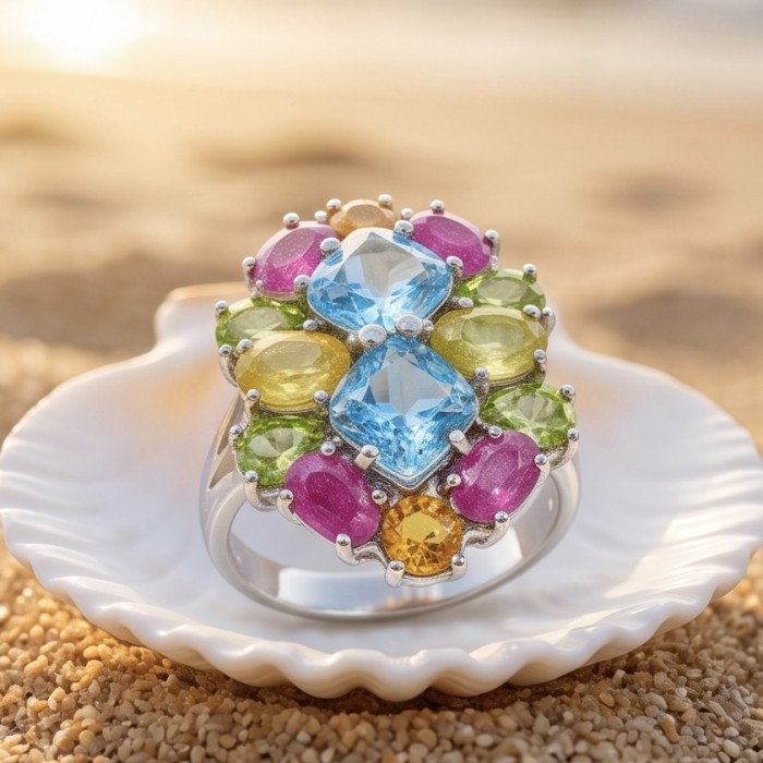 Countless Belssings Natural 23.8 carat Swiss Blue Topaz .925 Sterling Silver dipped in rhodium handmade Statement Ring size 8 - Close-up of colorful gemstone ring on a shell, beach background