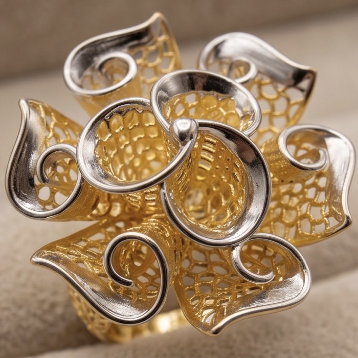 GOLDEN ROSE - Dubai Style - .925 Sterling Silver dipped in 22K Gold handmade Large ring size 6 - Close-up of GOLDEN ROSE ring in silver and gold, intricate details visible.
