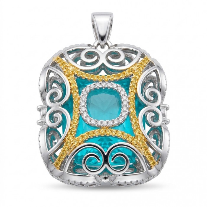 Wonderland 31.3 carat fancy baquette cut Paraiba Tourmaline 2 tones .925 Sterling Silver Handcrafted Statement necklace - Front view of pendant with blue tourmaline and ornate silver design.